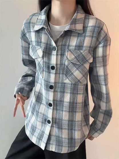 Sky Blue American Style Heavyweight Plaid Womens Shirt