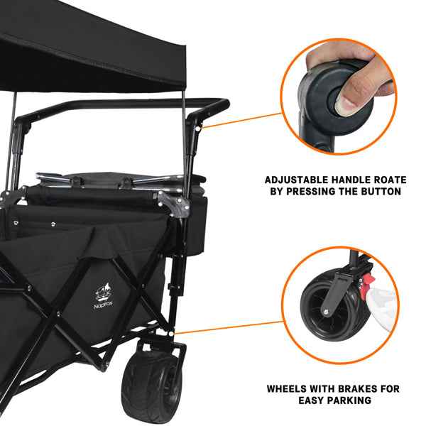 Foldable Wagon With Removable Canopy &amp; Cooler Bag - Heavy Duty Collapsible Wagon Utility Cart With 4inch All-Terrain Wheels For Camping Beach Garden, Black