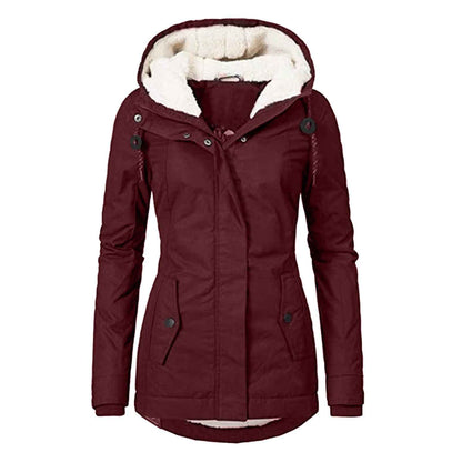Winter Hooded Jacket Solid Color Warm Buckle Zip-up Fleece Jacket With Pockets Women&