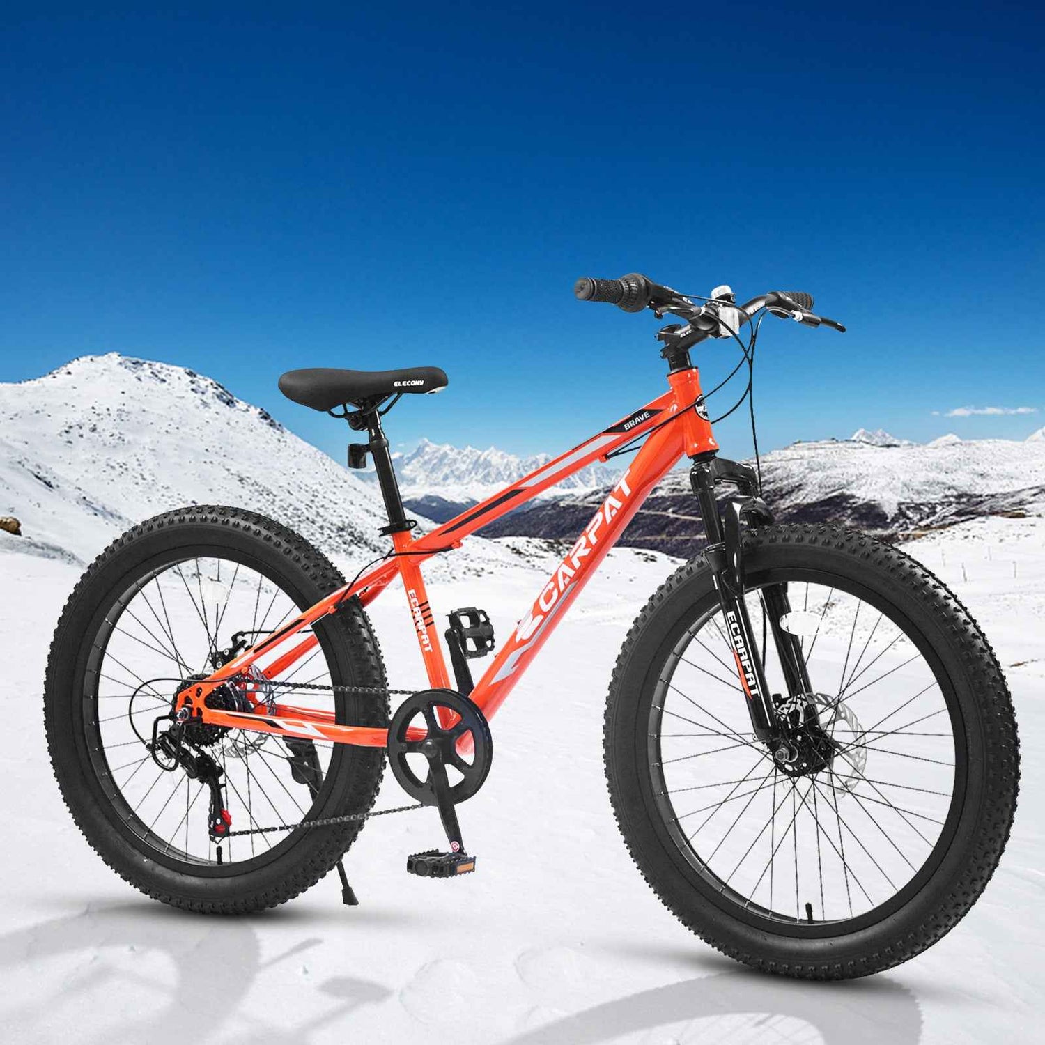 S24109 Elecony 24 Inch Fat Tire Bike Youth Full Shimano 7 Speeds Mountain Bike, Dual Disc Brake, High-Carbon Steel Frame, Front Suspension, Mountain Trail Bike, Urban Commuter City Bicycle