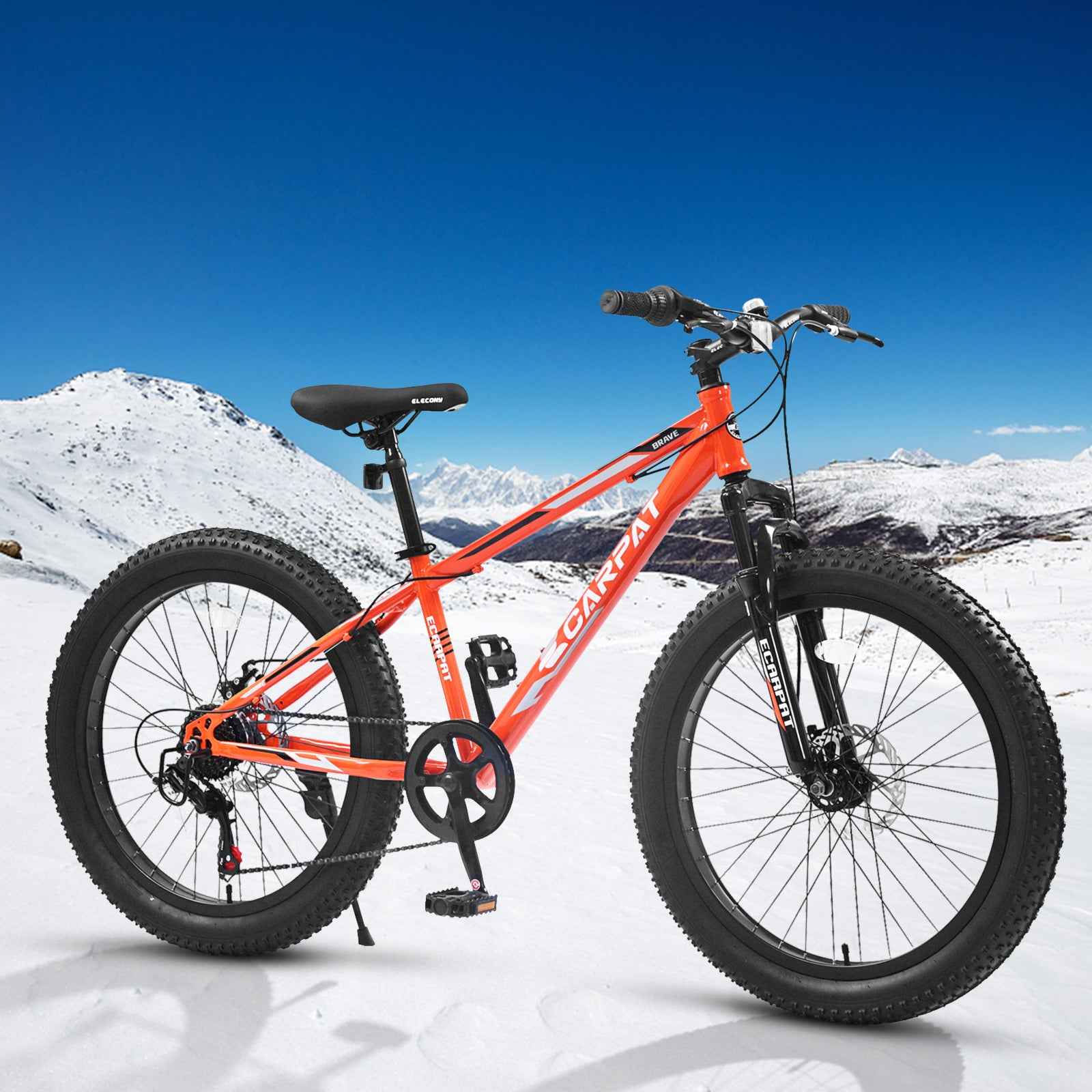 S24109 Elecony 24 Inch Fat Tire Bike Youth Full Shimano 7 Speeds Mountain Bike, Dual Disc Brake, High-Carbon Steel Frame, Front Suspension, Mountain Trail Bike, Urban Commuter City Bicycle