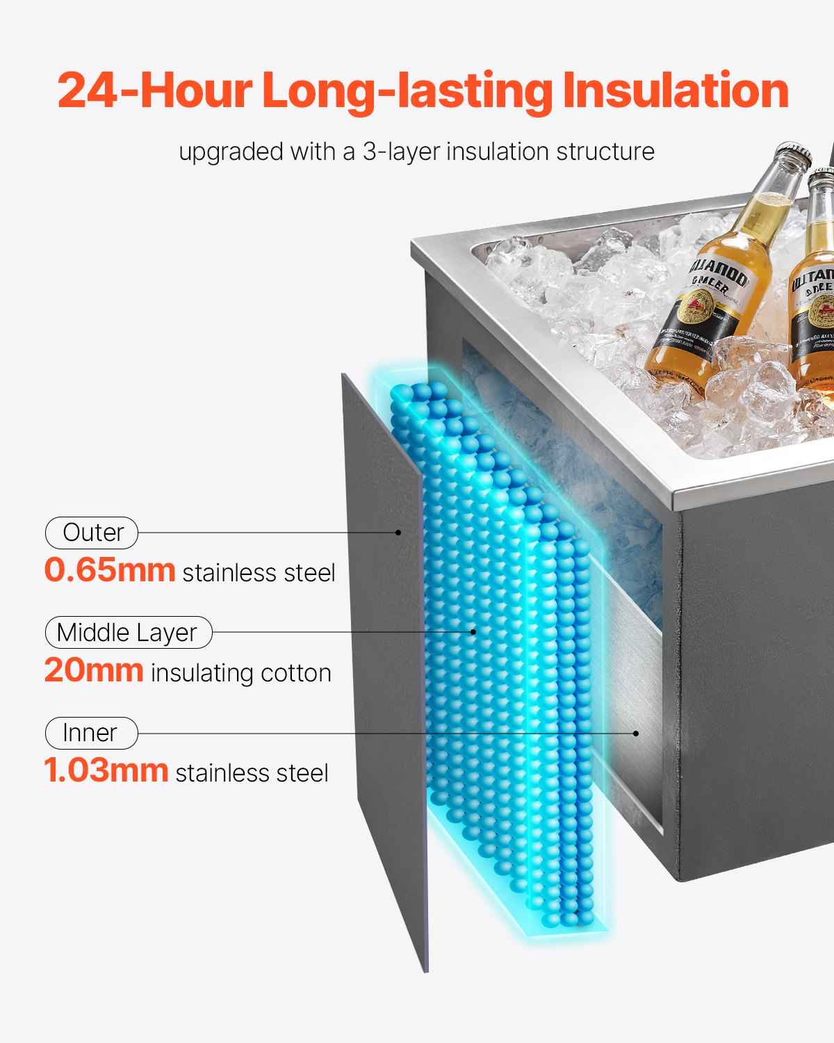 44.7 Qt Stainless Steel Drop-In Ice Chest Cooler | 20"x16"x13"