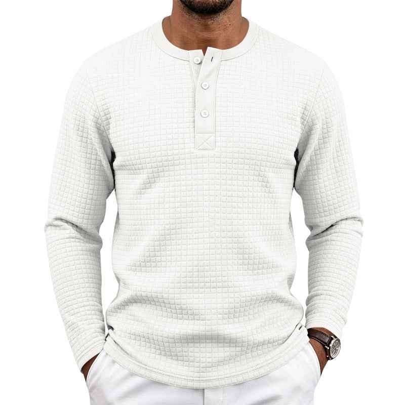 Mens Retro Jacquard Plaid Loose-Fit Long-Sleeve Henley T-Shirt