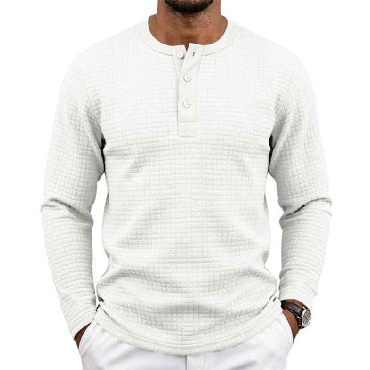 Mens Retro Jacquard Plaid Loose-Fit Long-Sleeve Henley T-Shirt