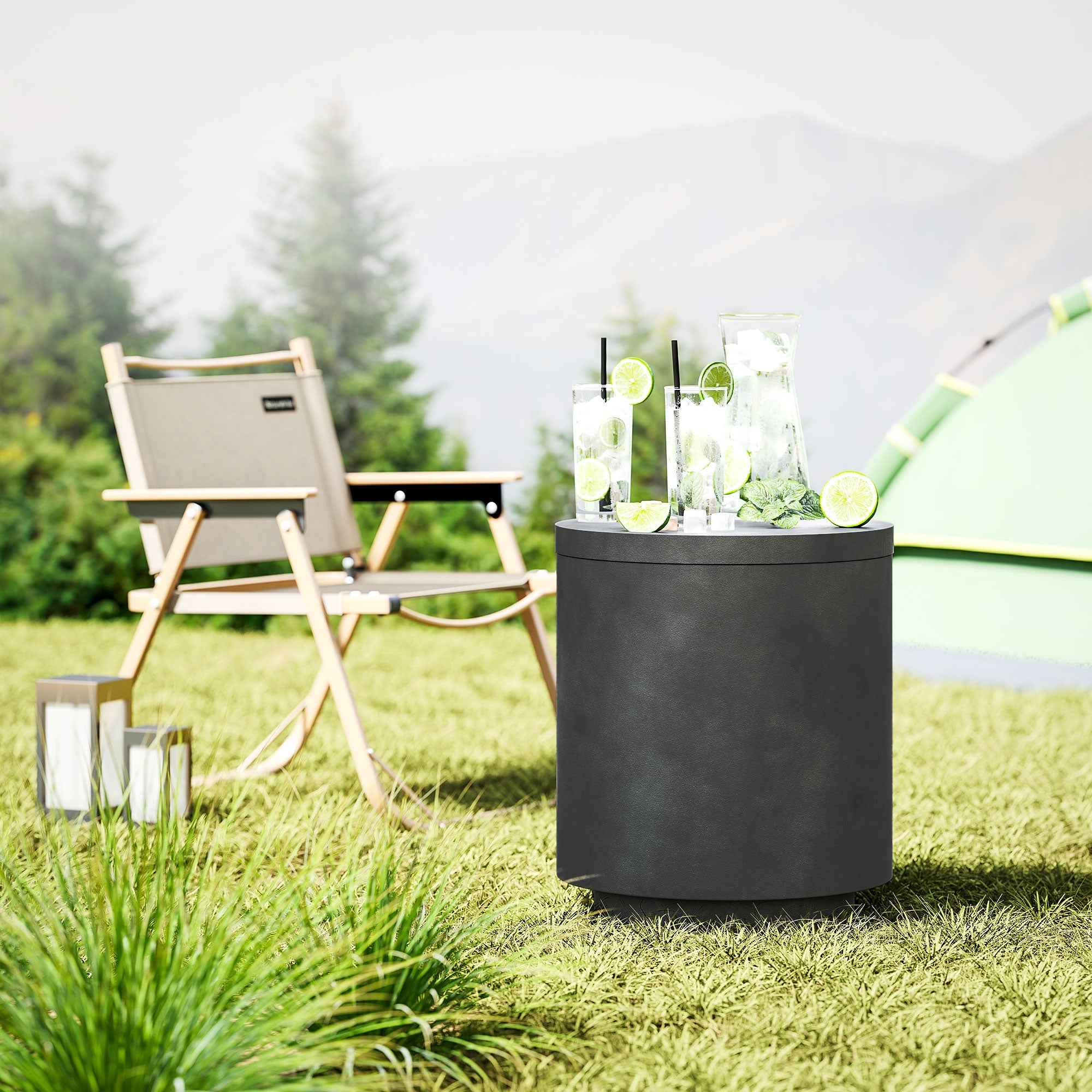 2.6 Gal Outdoor Side Table, 3-In-1 Concrete Cooler Bar Table With Storage, Removable Ice Bucket And Lid, Charcoal Gray