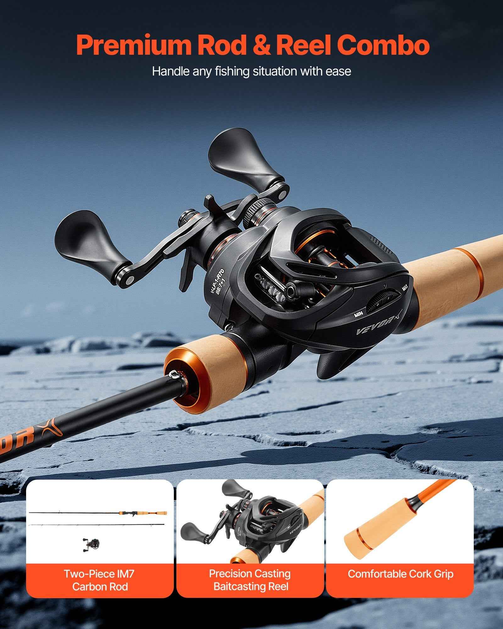 Rod And Fishing Reel Combo, IM7 Carbon Fiber Baitcasting Rod And Reel Combo, Bass Fishing Pole With 6+1 BB System, 7.0:1 Gear Ratio, Cork Handle, Stainless Steel Guides With Ceramic Rings