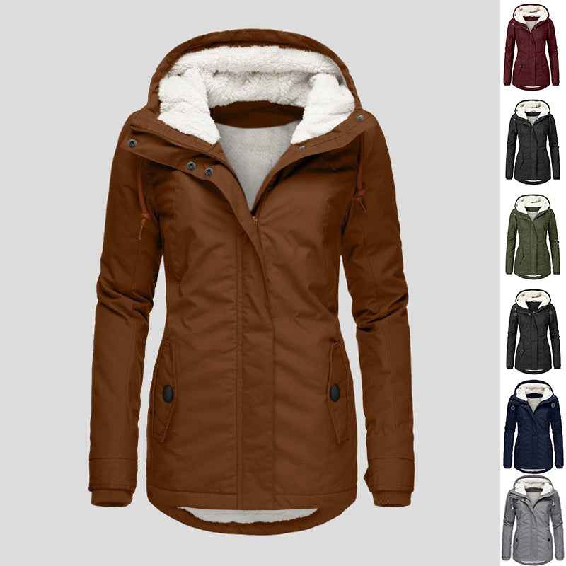 Winter Hooded Jacket Solid Color Warm Buckle Zip-up Fleece Jacket With Pockets Women&