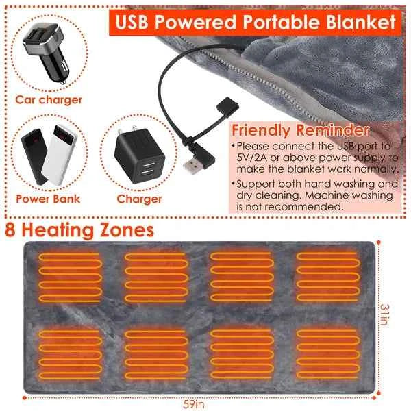 59 Plus 31in USB Heated Blanket Electric Heated Blanket Heated Poncho Shawl Wrap Throw With Zipper Washable For Home Office