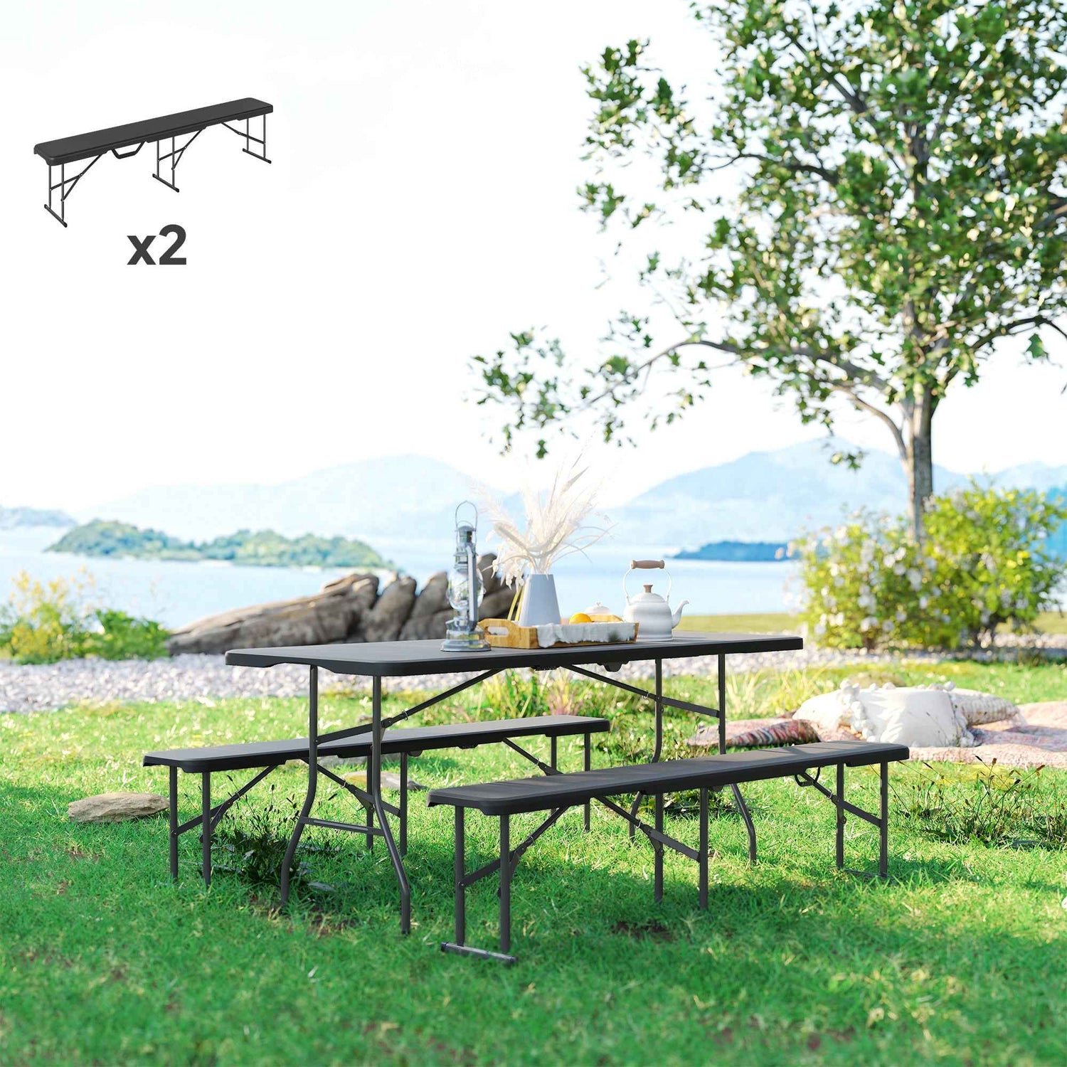 2 Pack 6 ft Portable Foldable Bench Seats, Plastic Folding Benches with Carrying Handle for Camping, Black