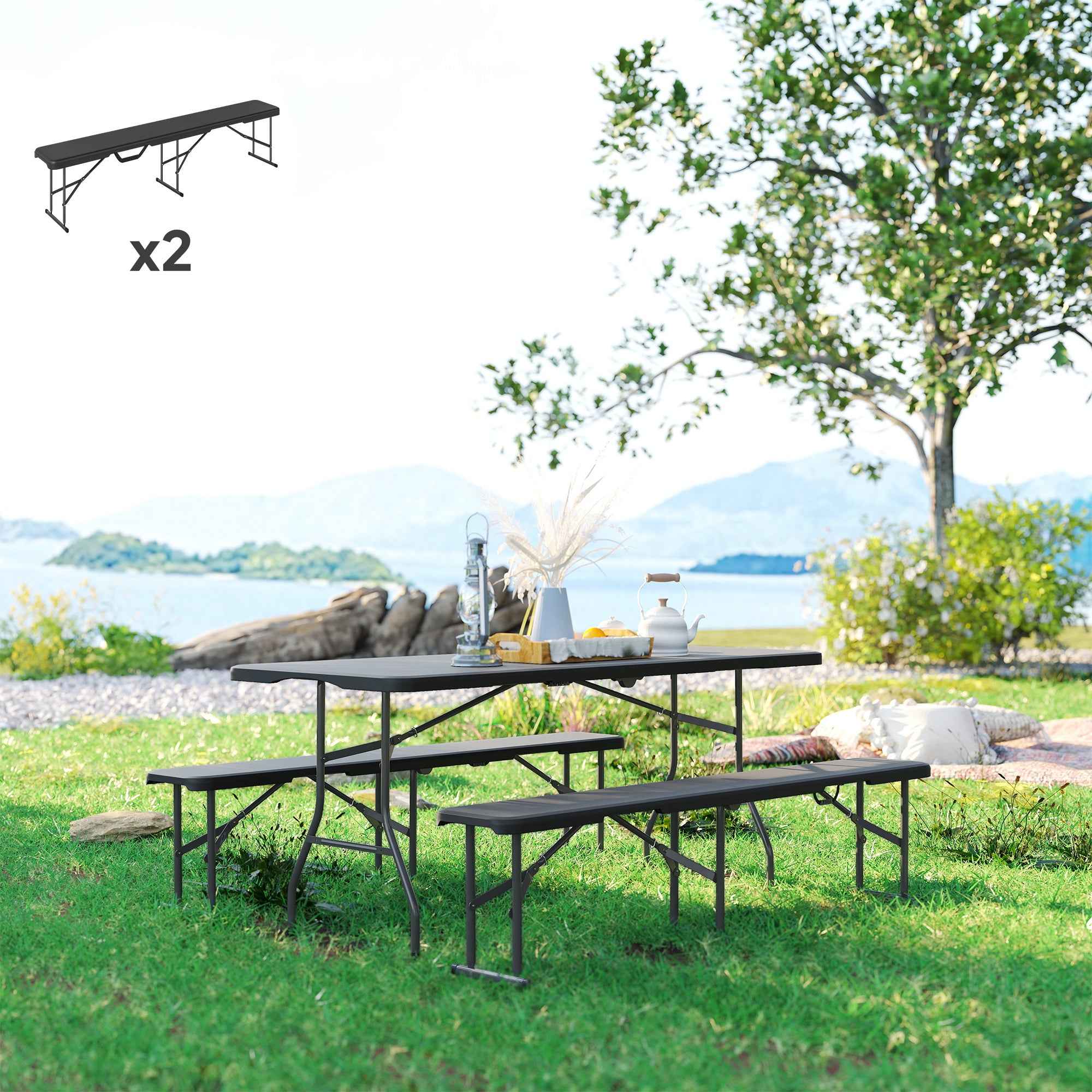 2 Pack 6 ft Portable Foldable Bench Seats, Plastic Folding Benches with Carrying Handle for Camping, Black