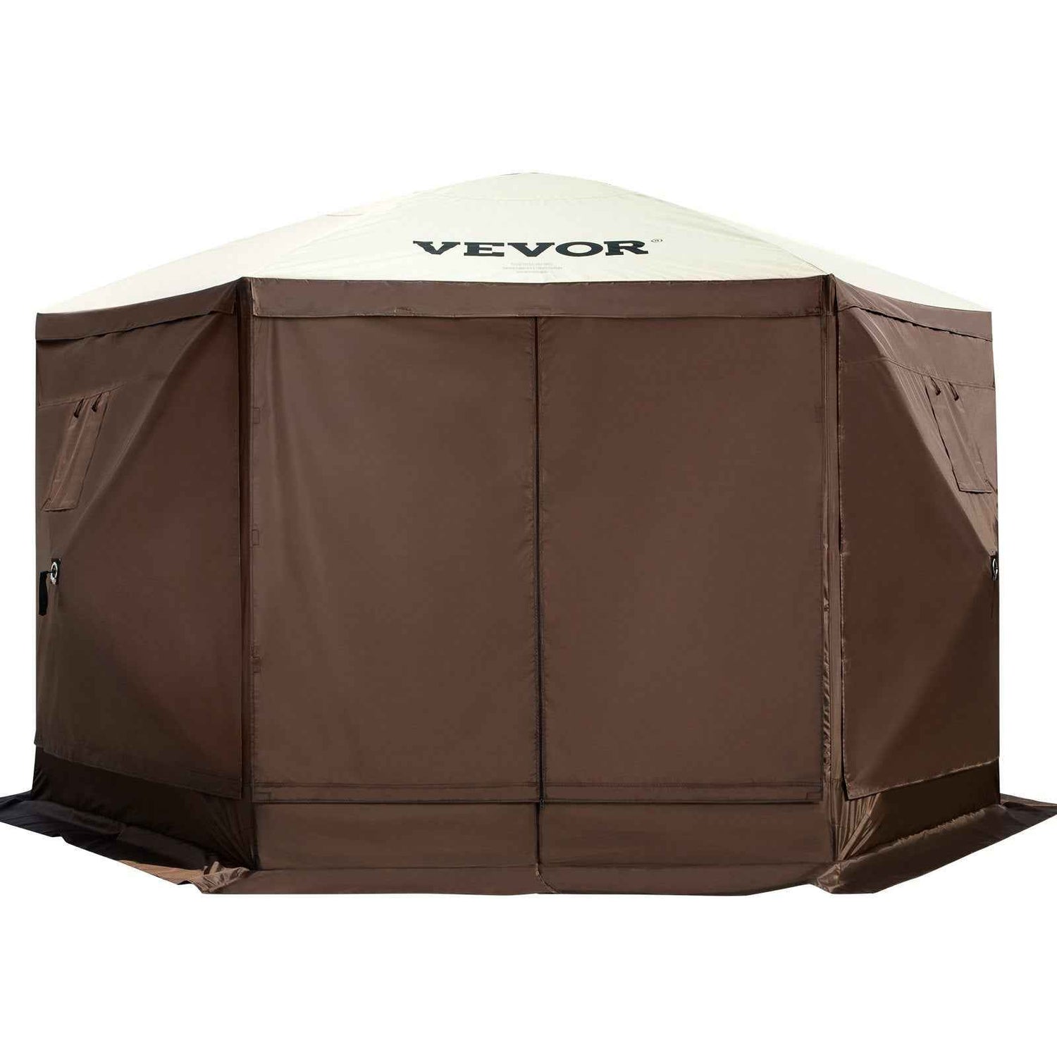 VEVOR Camping Gazebo Tent, 6 Sided Pop-up Canopy Screen Tent For 8 Person Camping, Waterproof Screen Shelter Portable Storage Bag, Ground Stakes, Mesh Windows, Brown &amp; Beige