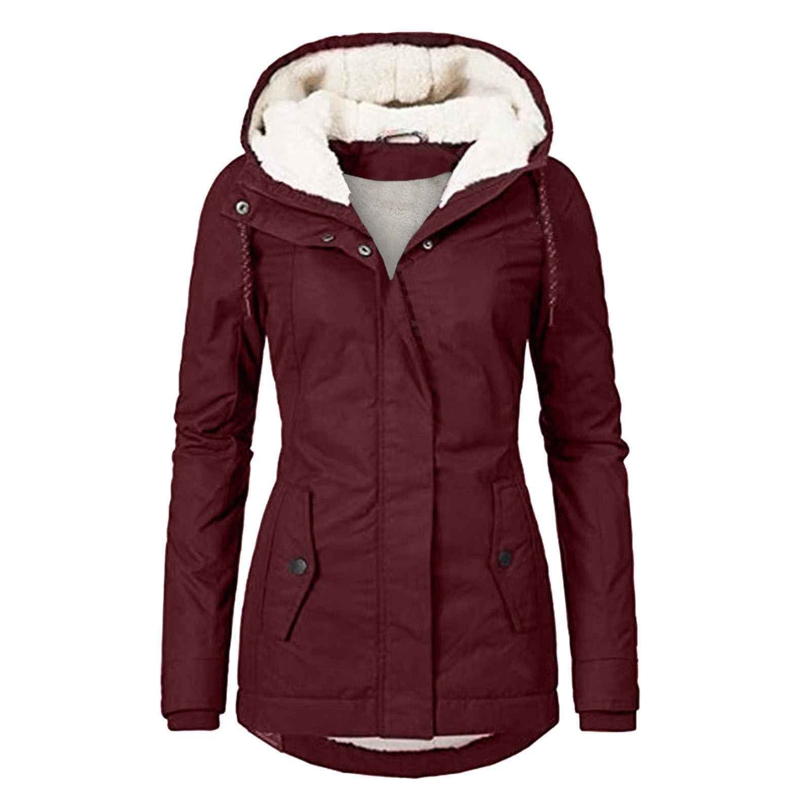 Winter Hooded Jacket Solid Color Warm Buckle Zip-up Fleece Jacket With Pockets Women&