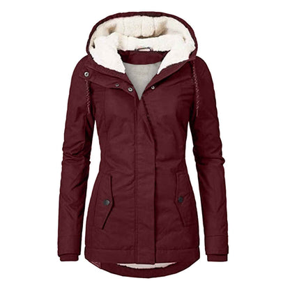 Winter Hooded Jacket Solid Color Warm Buckle Zip-up Fleece Jacket With Pockets Women&