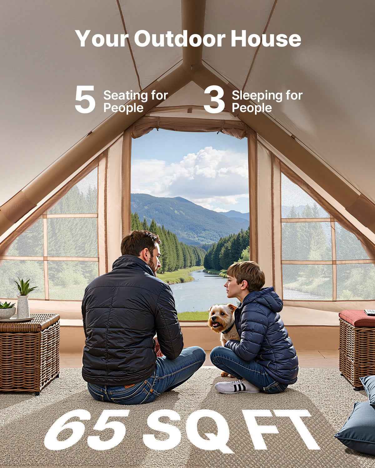 Inflatable Tents For Camping, 3-5 Person Easy Setup Blow Up Tent With Hand Pump, 300D Oxford 4 Season Glamping Tent With Canopy, Stove Jack, 2 Doors &amp; 2 Mesh Windows (Storage Bag Included)
