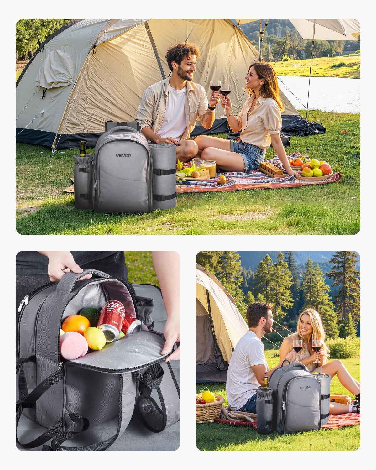 Beach Picnic Backpack Bag For 2 Person With Cooler Compartment Grey