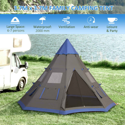 12Ft Camping Tent 6-7 Person 4 Season with 8 Mesh Windows, Outdoor Teepee Tent with Waterproof Material