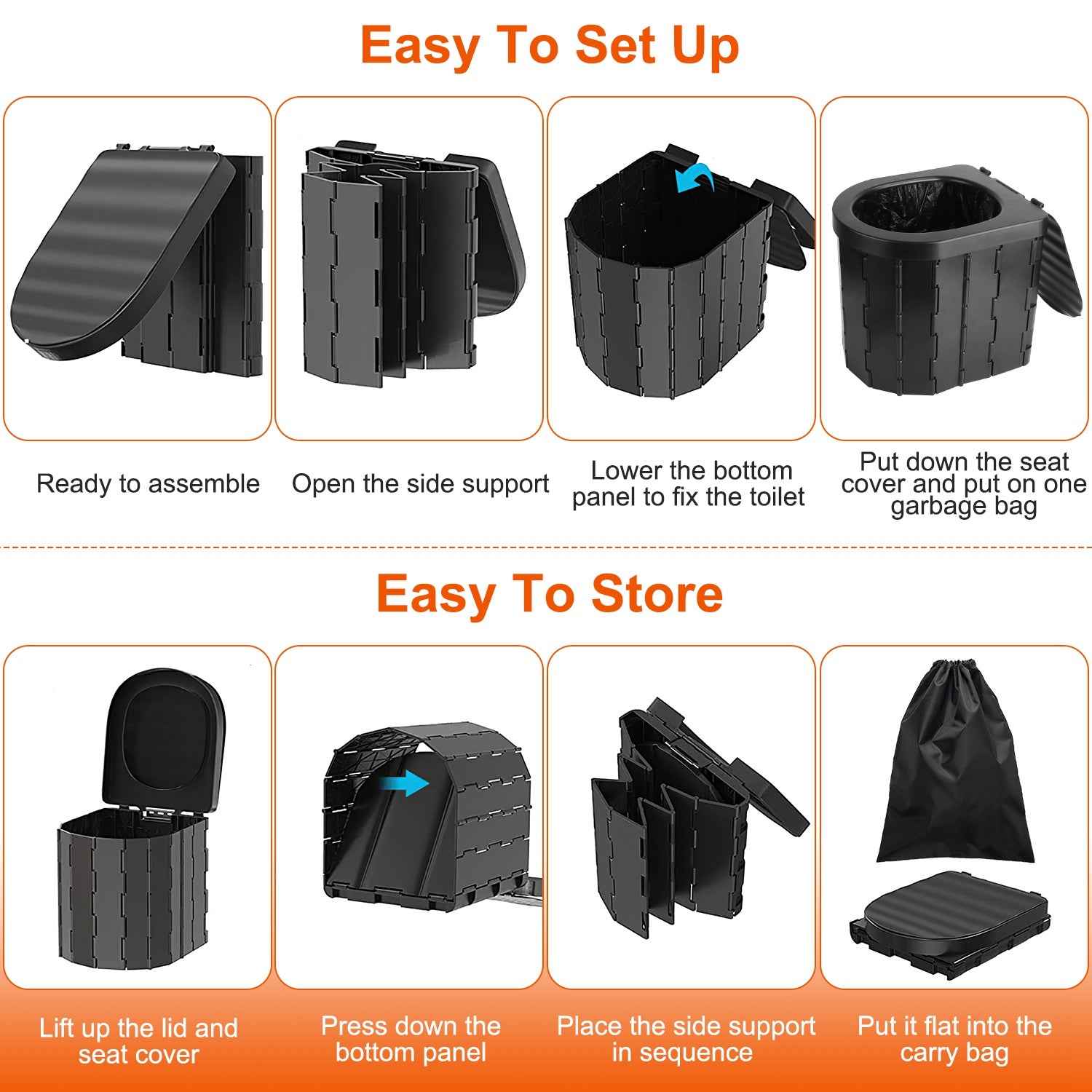 1Pc Foldable Emergency Toilet Portable Porta Potty For Car Travel Camping Boating Hiking Cleanable Travel Commode With Lid Carry Bag 1 Roll Garbage Bags