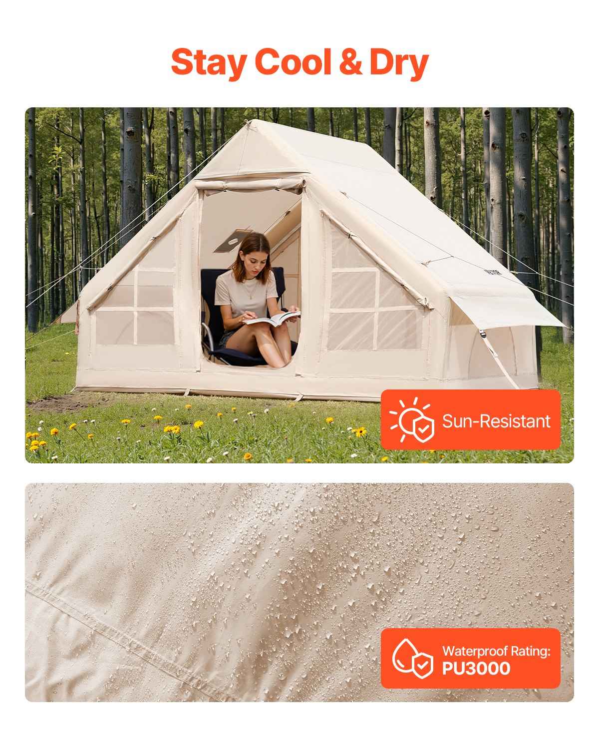Inflatable Tents For Camping, 3-5 Person Easy Setup Blow Up Tent With Hand Pump, 300D Oxford 4 Season Glamping Tent With Stove Jack 2 Doors &amp; 2 Mesh Windows, Storage Bag Included For Easy Taking