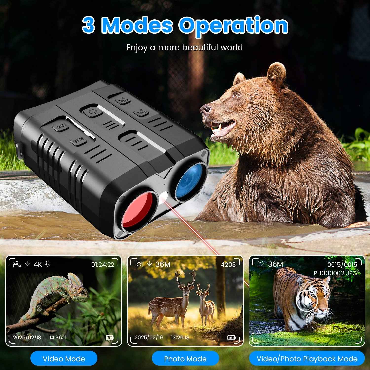 1Pc Night Vision Goggles 4K Full-Color Binoculars 10X Zoom With 2624ft Viewing Range 3in Screen 64G MMC Card WIFI APP Control Save Photo And Video For Camping Hunting &amp; Security