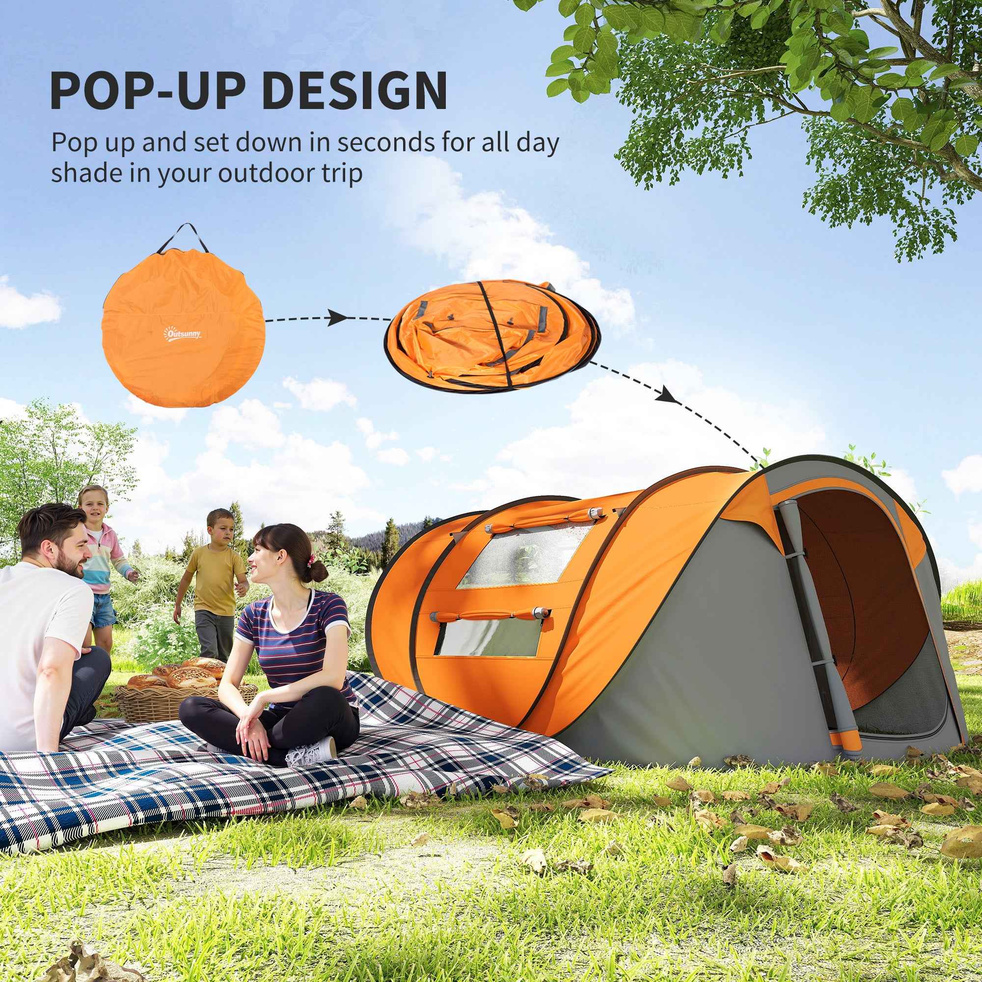 4 Person Pop-up Camping Tent Family Tent With Ground Sheet, 4 Windows And Portable Carry Bag For Beach Outdoor Trip, Orange