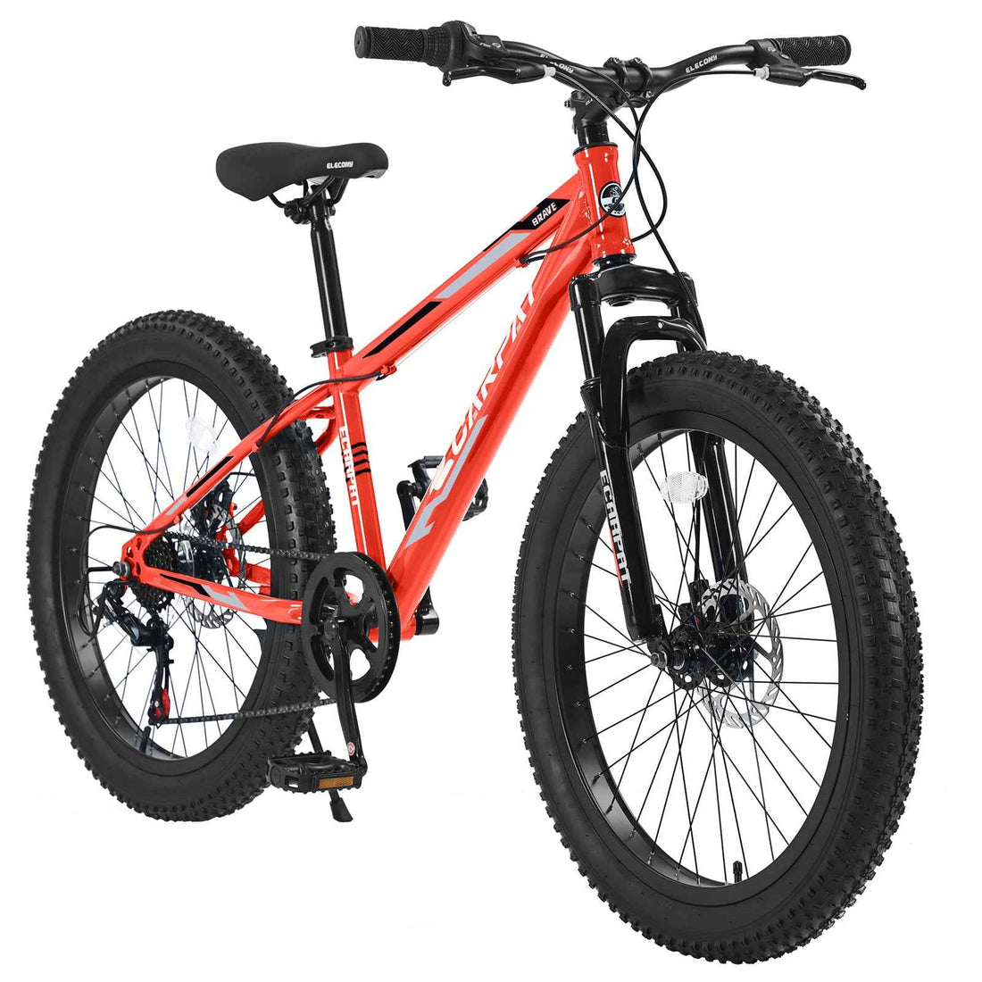 S24109 Elecony 24 Inch Fat Tire Bike Youth Full Shimano 7 Speeds Mountain Bike, Dual Disc Brake, High-Carbon Steel Frame, Front Suspension, Mountain Trail Bike, Urban Commuter City Bicycle
