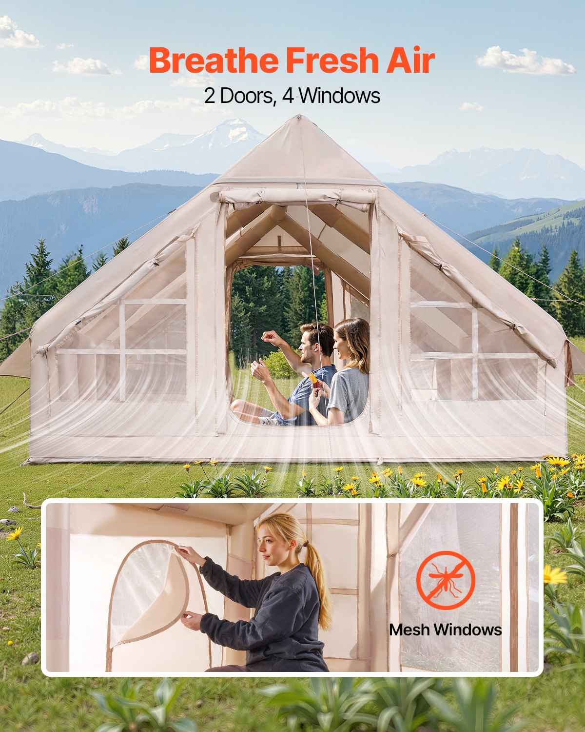 Inflatable Tents For Camping, 5-8 Person Easy Setup Blow Up Tent With Hand Pump, 300D Oxford Glamping Tent With Stove Jack 2 Doors &amp; 4 Mesh Windows, Storage Bag Included For Easy Taking