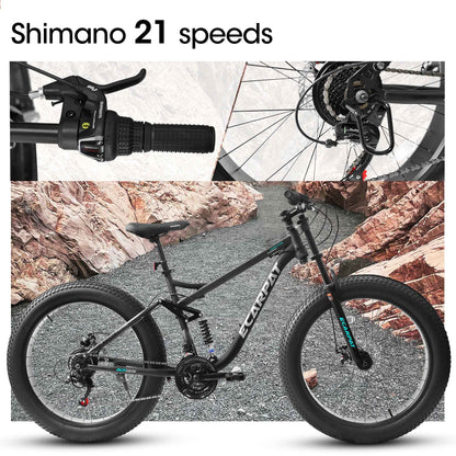 A26309 26 Inch Mountain Bike,Full-Suspension 21 Speeds Drivetrain With Disc-Brake Bicycle, 26x4inch Fat Tire Bike For Men