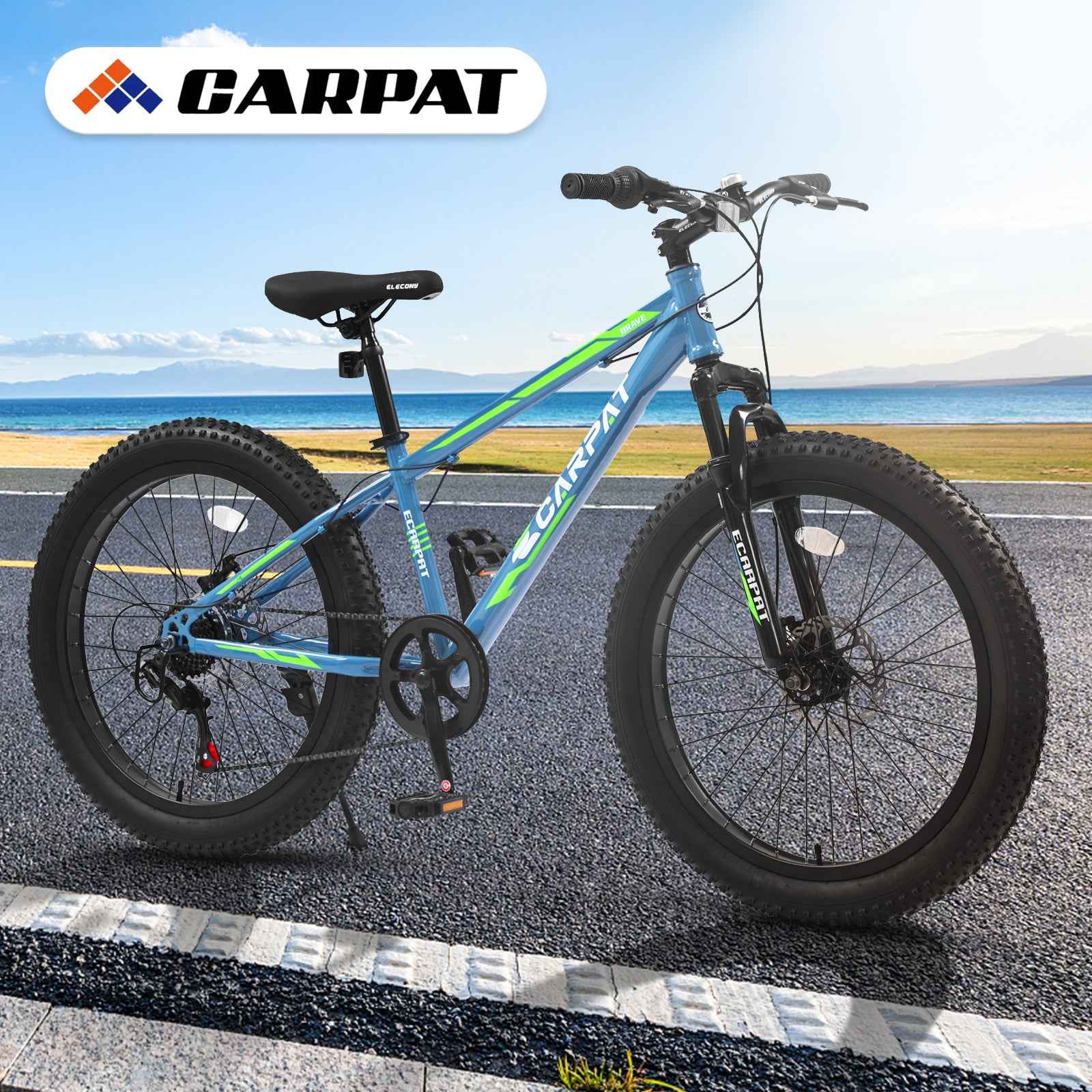 S24109 Elecony 24 Inch Fat Tire Bike Youth Full Shimano 7 Speeds Mountain Bike, Dual Disc Brake, High-Carbon Steel Frame, Front Suspension, Mountain Trail Bike, Urban Commuter City Bicycle