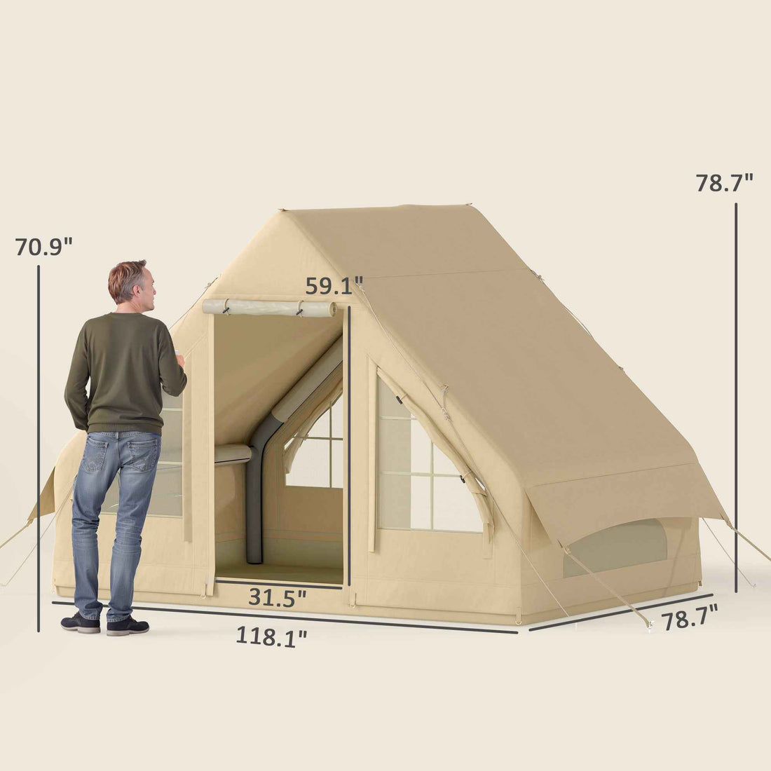 Inflatable Camping Tent With Hand Pump, 4 Season Blow Up Tent, Waterproof And Windproof With Mesh Windows And Doors