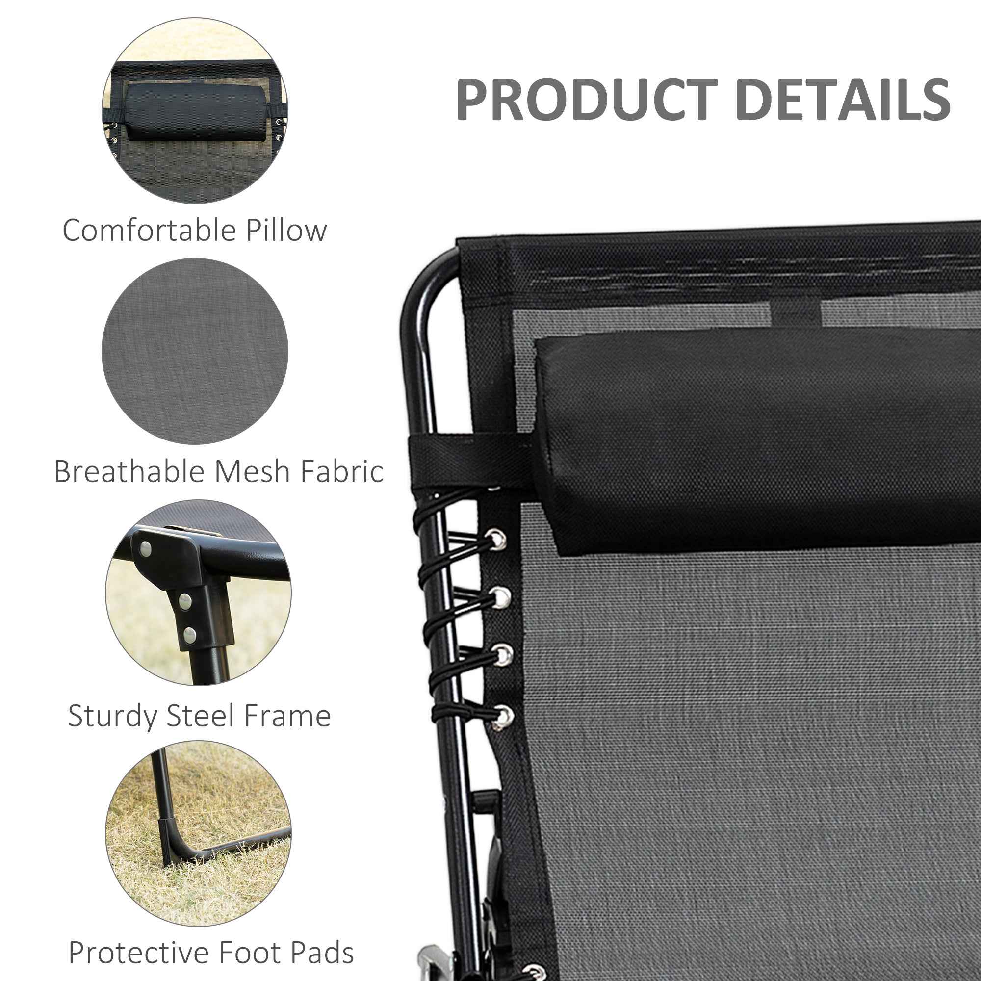 Reclining Chaise Lounge Chair, Portable Sun Lounger, Folding Camping Cot with Adjustable Backrest and Removable Pillow, for Patio, Garden, Beach, Black