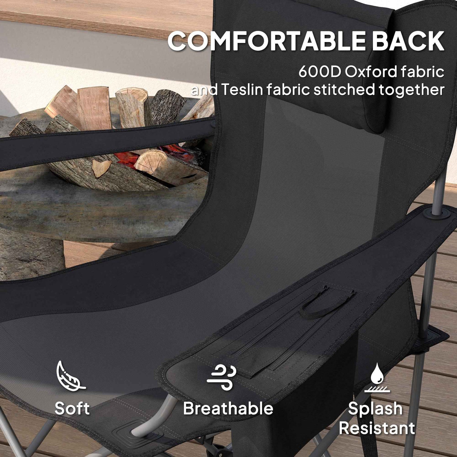 Folding Rocking Camping Chairs, Portable Chairs With Headrest, Cooler Bag, Cup Holder, Carry Bag, 2 Pack, Black