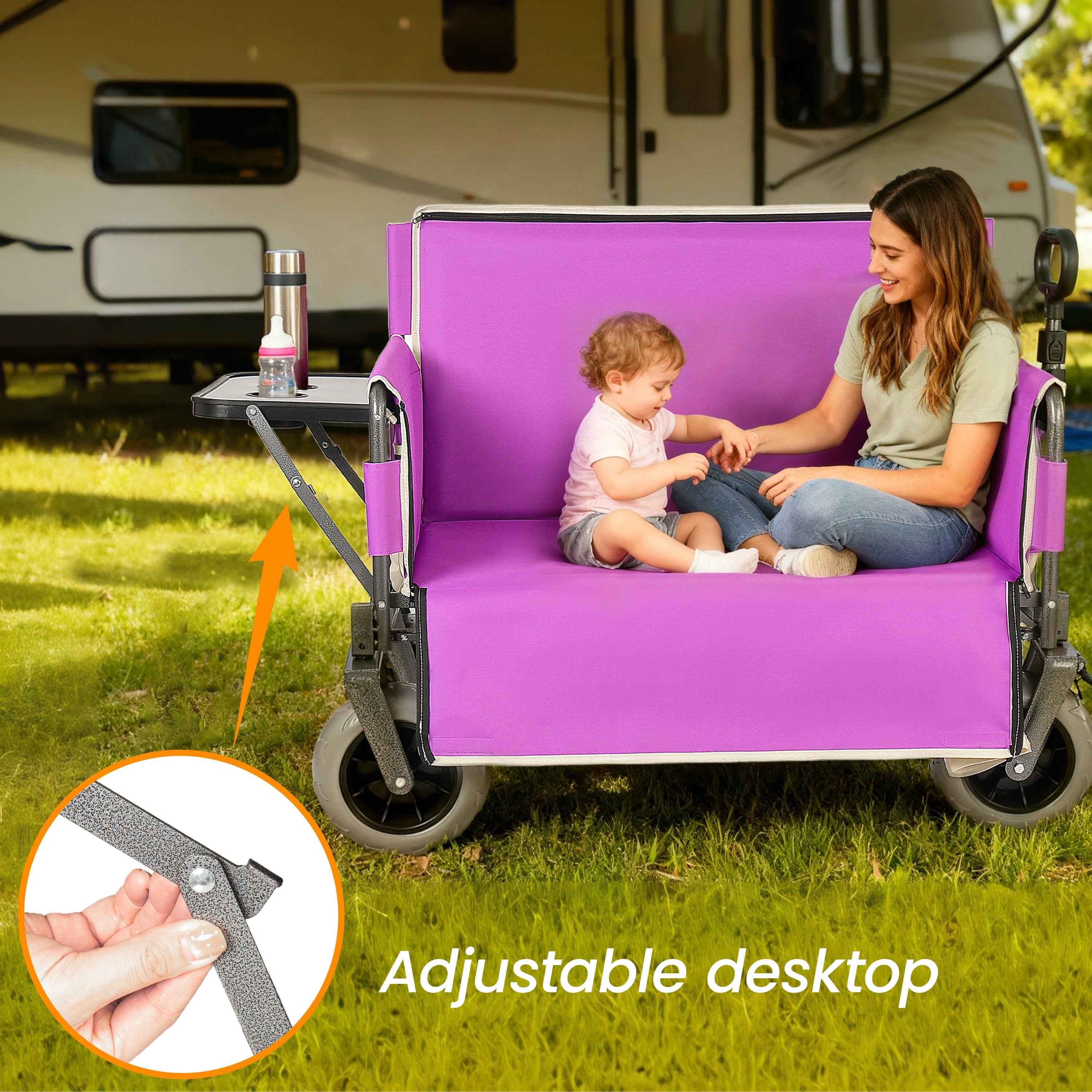 3- In- 1 Collapsible Wagon Converts To Bench Convertible Folding Wagon Cart With Rear- Mounted Folding Tabletop  500lbs Heavy- Duty  180L Capacity For Camping  Beach  Garden  Fishing- Purple
