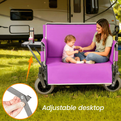 3- In- 1 Collapsible Wagon Converts To Bench Convertible Folding Wagon Cart With Rear- Mounted Folding Tabletop  500lbs Heavy- Duty  180L Capacity For Camping  Beach  Garden  Fishing- Purple