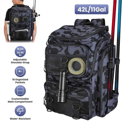 42L&amp;11Gal Fishing Backpack Large Capacity Fishing Tackle Storage Bag With Rod Holders 16-Pocket Water-Resistant With Divider Adjustable Padded Straps For Fishing Gear Outdoor Camping Hiking