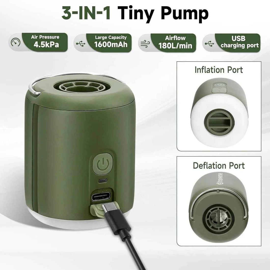 Mini Electric Air Pump with Built-In Lantern &amp; Magnetic Mount – 180L/min | 1600mAh | 5 Nozzles | Inflate &amp; Deflate