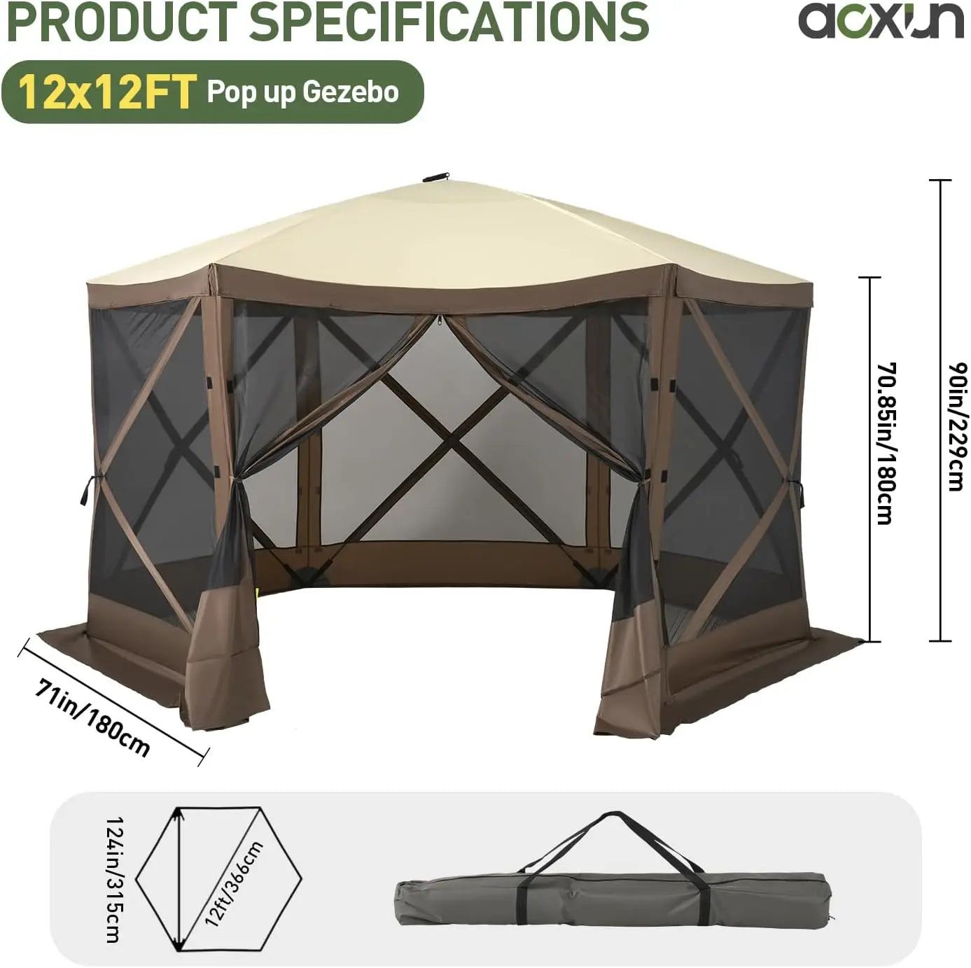 AOXUN 12x12ft Pop-Up Screen Tent – 6-Sided with Mesh Windows, UV Protection &amp; Carrying Bag