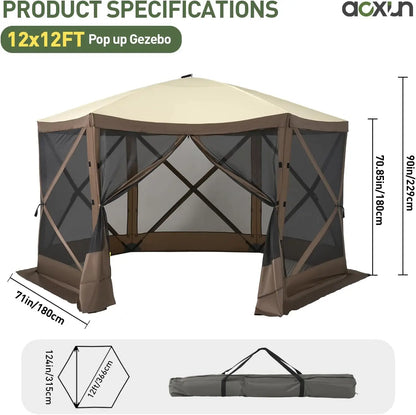 AOXUN 12x12ft Pop-Up Screen Tent – 6-Sided with Mesh Windows, UV Protection &amp; Carrying Bag