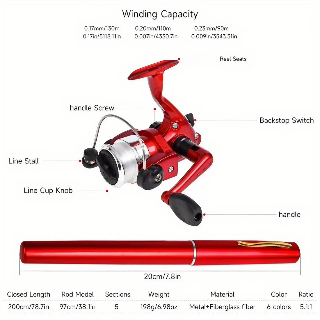Fishing Set (1 Rod + 1 Wheel) - Pen Shape, Equipped with Spinning Wheel, Mini Portable Fishing Rod
