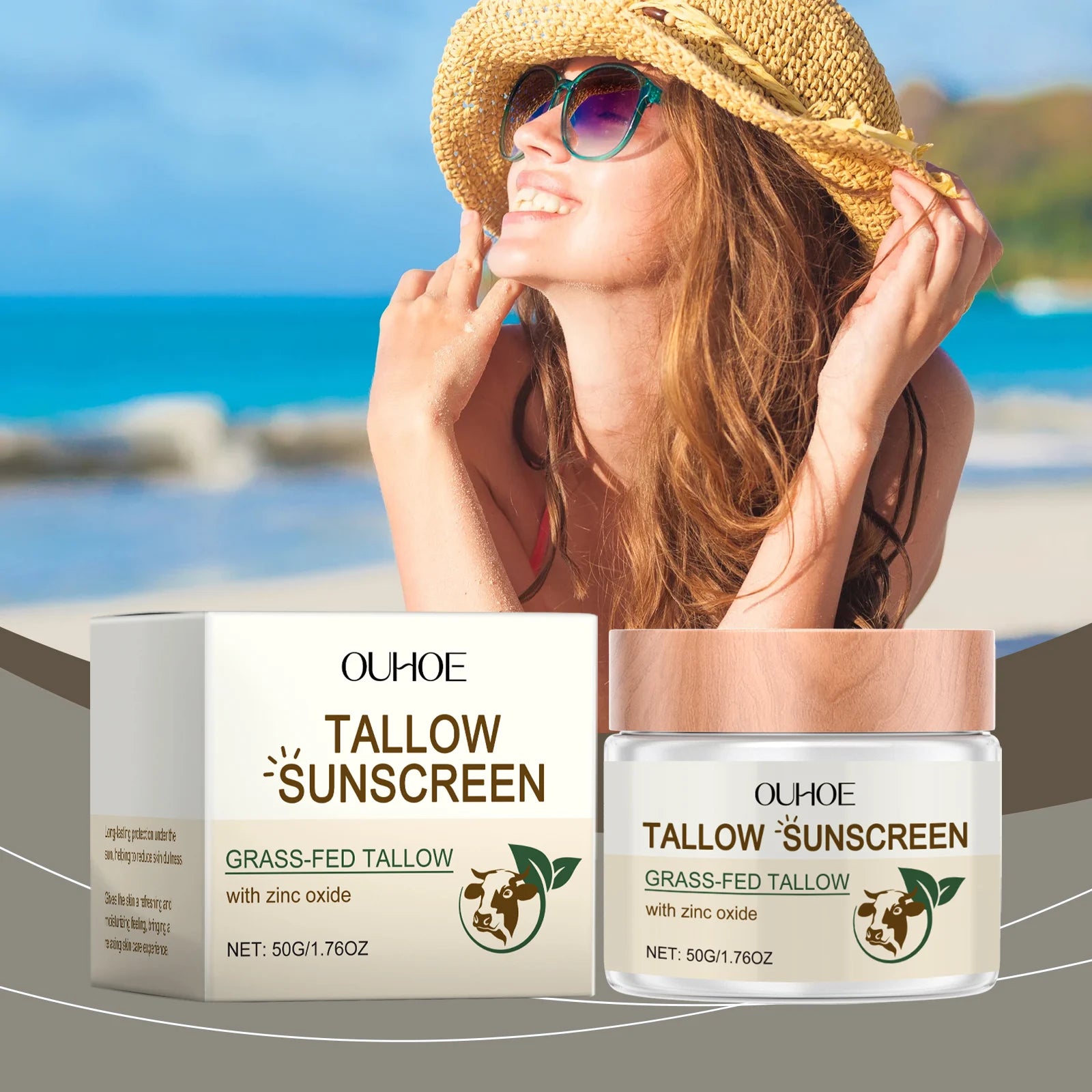 Ouhoe 50g Beef Tallow Sunscreen Uv Isolation Protect Oil Control Soothe Sunburn Moisturize Face Summer Refreshing Care Sunblock