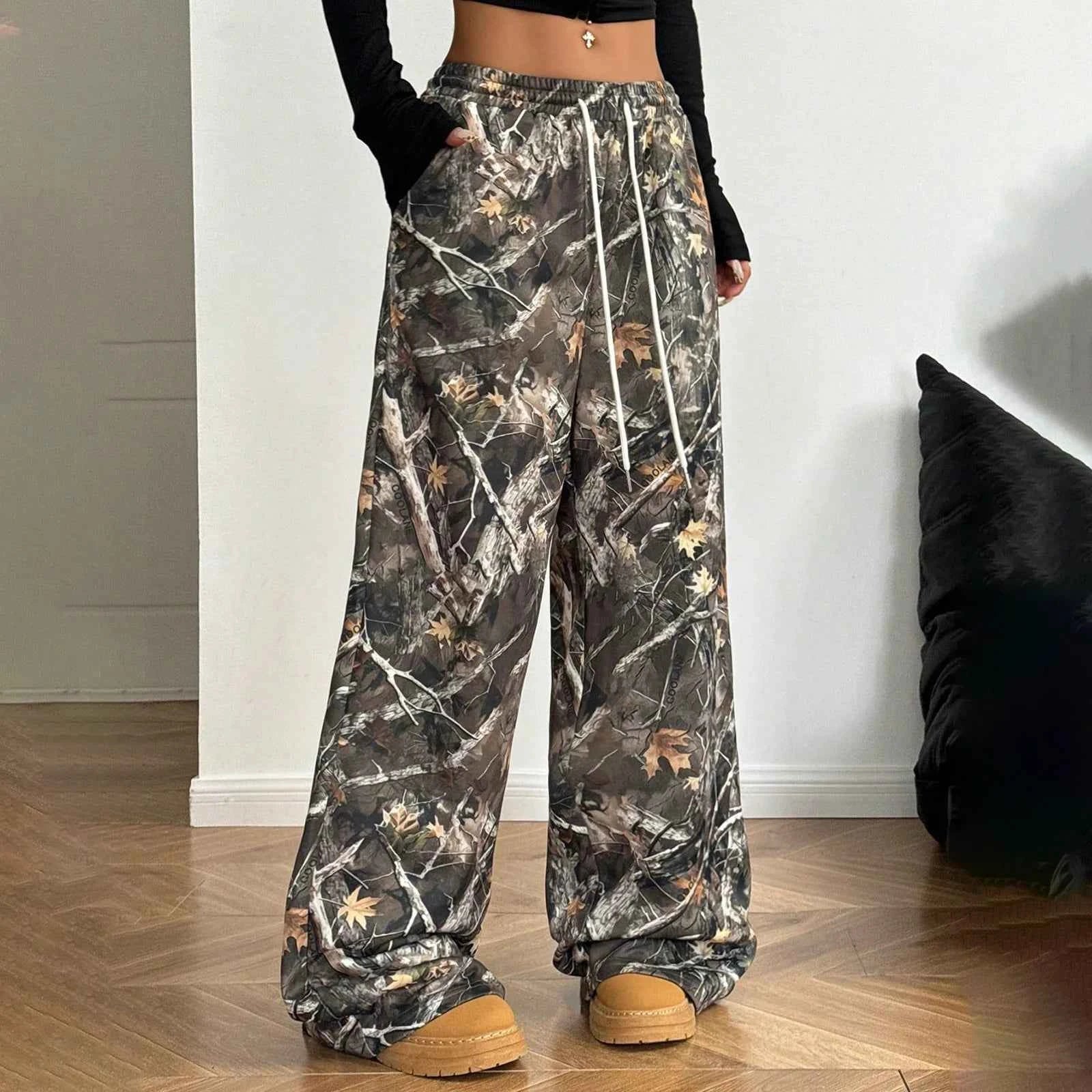 Women Branch Camouflage Wide Leg Pants Casual Hip Hop Elastic Waist Pocket Baggy Trouser Loose Vintage Y2KShannon DeMarte