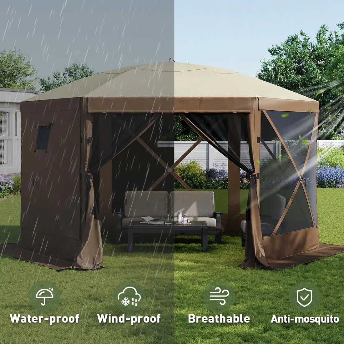 AOXUN 12x12ft Pop-Up Screen Tent – 6-Sided with Mesh Windows, UV Protection &amp; Carrying Bag