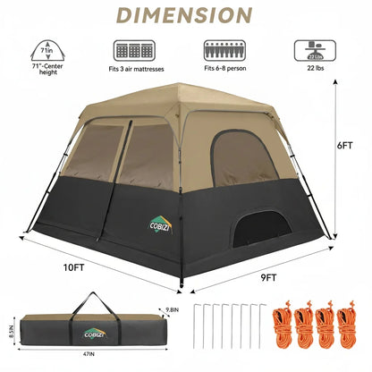 8-Person Camping Tent | 5-Min Solo Setup | 1500mm Waterproof Rainfly &amp; Windproof