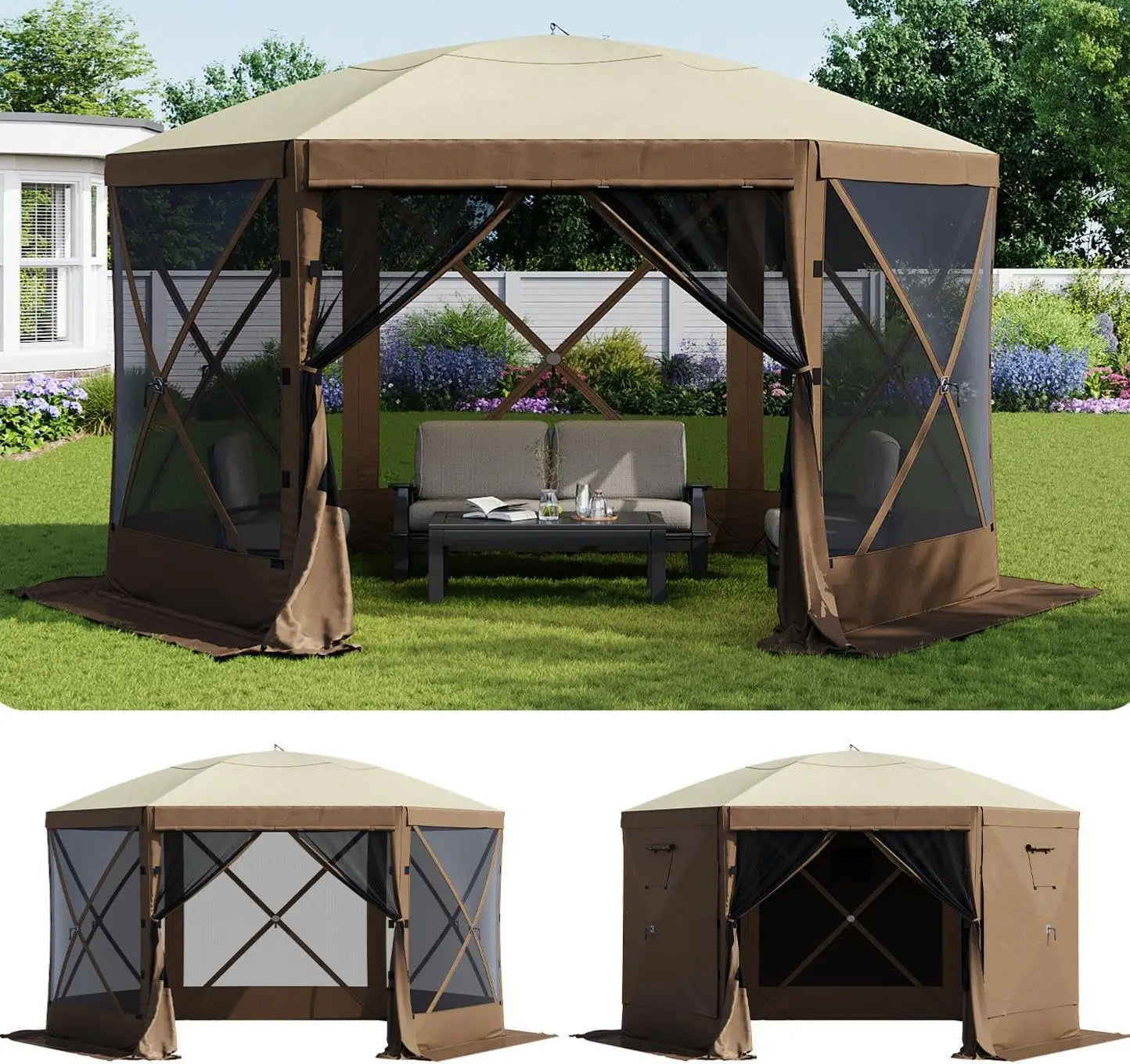 AOXUN 12x12ft Pop-Up Screen Tent – 6-Sided with Mesh Windows, UV Protection &amp; Carrying Bag