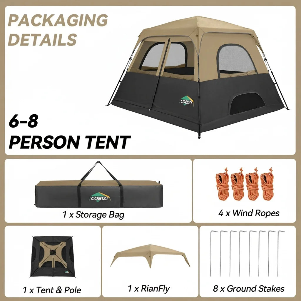 8-Person Camping Tent | 5-Min Solo Setup | 1500mm Waterproof Rainfly &amp; Windproof