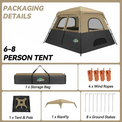 8-Person Camping Tent | 5-Min Solo Setup | 1500mm Waterproof Rainfly &amp; Windproof