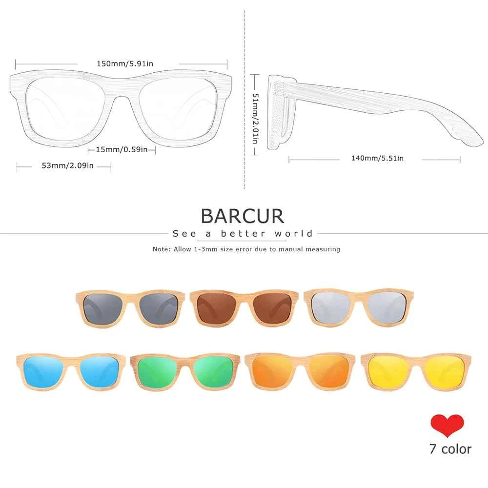 BARCUR Retro Square Bamboo Wood Polarized Sunglasses – UV400 Handmade