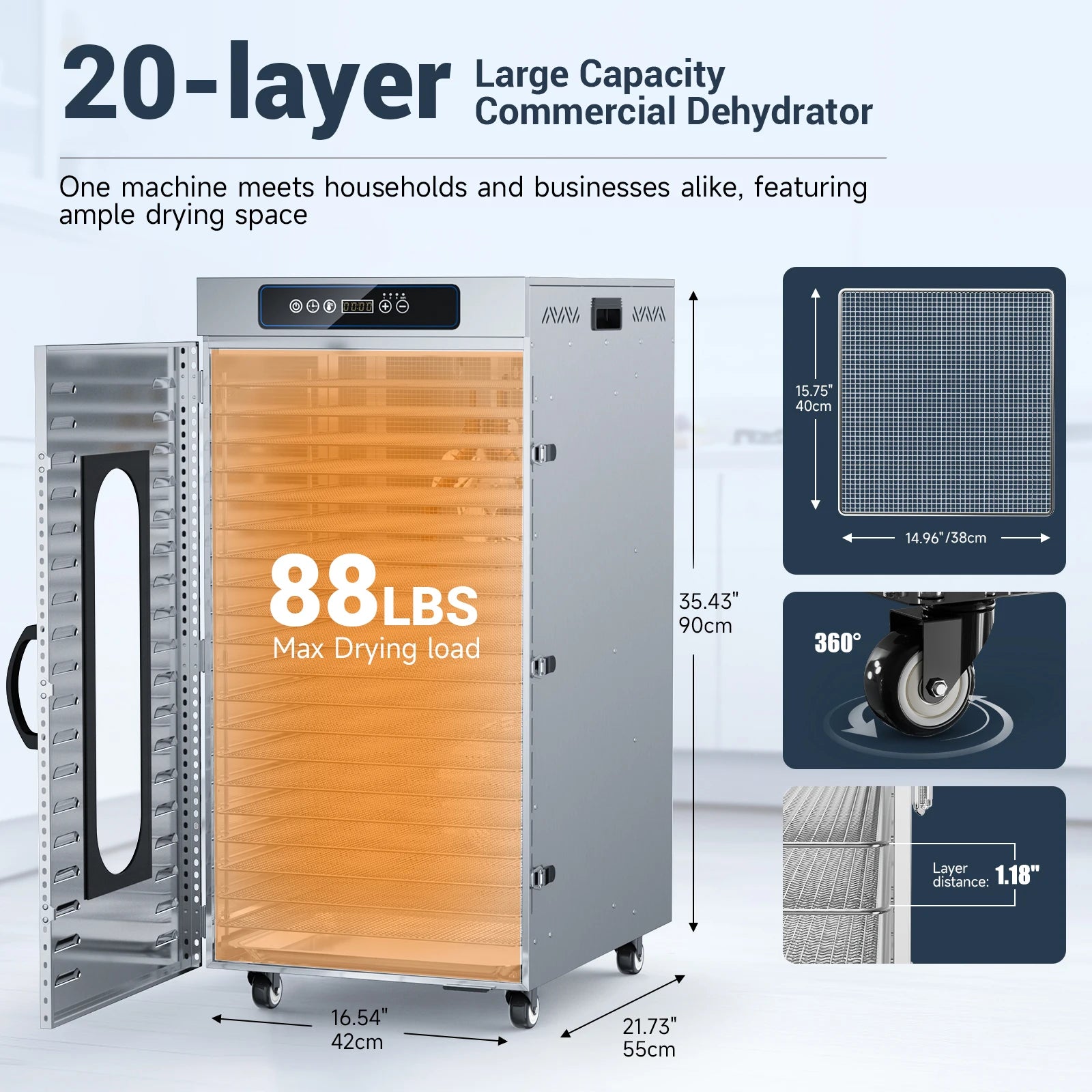 Commercial Food Dehydrator 20 Trays Large Food Dryer Machine for Jerky, Meat, Fruit, Herbs, Industrial Dehydrator Biltong Maker