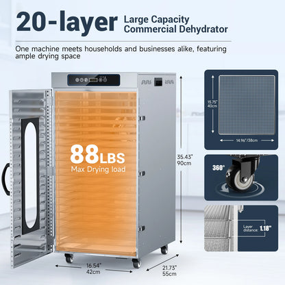 Commercial Food Dehydrator 20 Trays Large Food Dryer Machine for Jerky, Meat, Fruit, Herbs, Industrial Dehydrator Biltong Maker