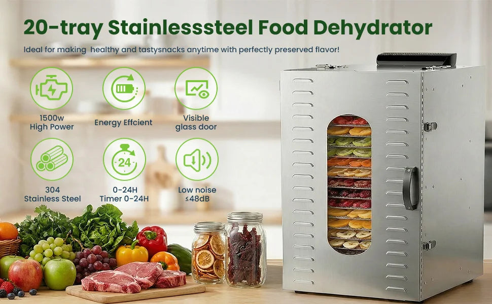 Commercial Food Dehydrator 20 Trays Large Food Dryer Machine for Jerky, Meat, Fruit, Herbs, Industrial Dehydrator Biltong Maker