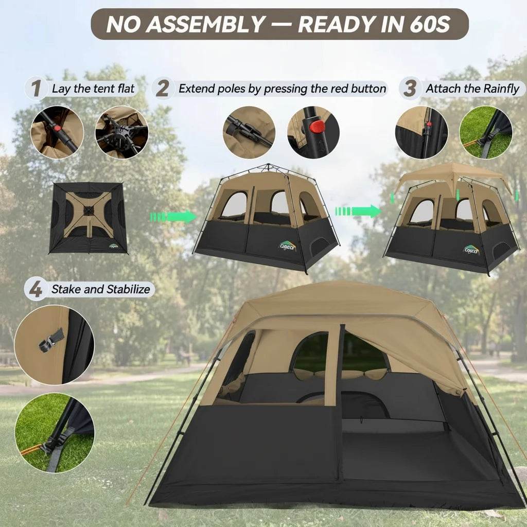 8-Person Camping Tent | 5-Min Solo Setup | 1500mm Waterproof Rainfly &amp; Windproof